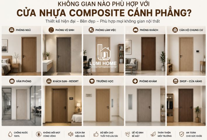 Không gian nào phù hợp với cửa nhựa Composite cánh phẳng?