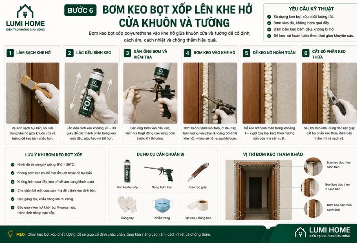Bơm keo bọt xốp lên khe hở của khuôn và tường