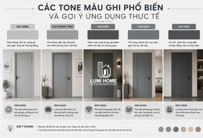 Các tone màu ghi phổ biến của cửa nhựa Composite và gợi ý ứng dụng