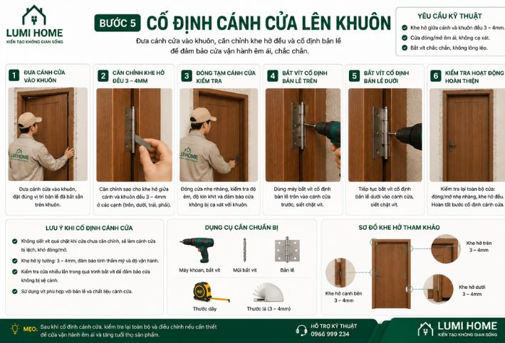Cố định cánh cửa lên khuôn