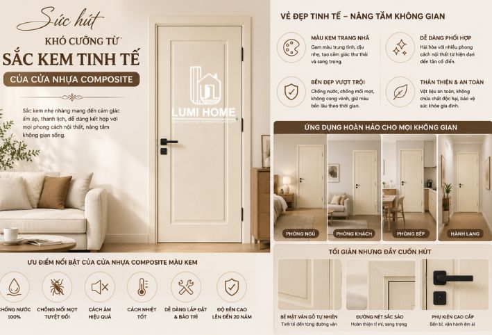 Mẫu cửa nhựa Composite màu kem tinh tế cho không gian hiện đại