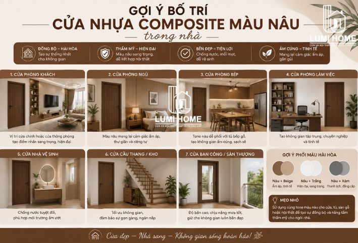 Gợi ý bố trí cửa nhựa Composite màu nâu đẹp, sang trọng cho không gian nội thất hiện đại.