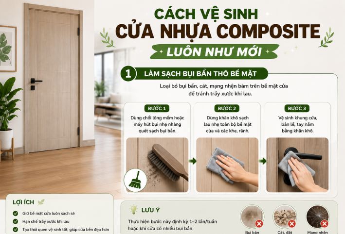 Hướng dẫn cách làm sạch bụi bẩn thô trên bề mặt cửa nhựa gỗ composite