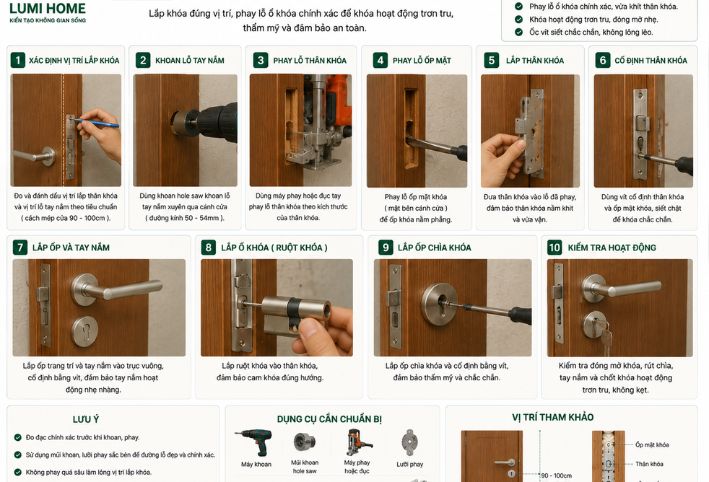Lắp khóa và phay lỗ ổ khóa cửa nhựa composite