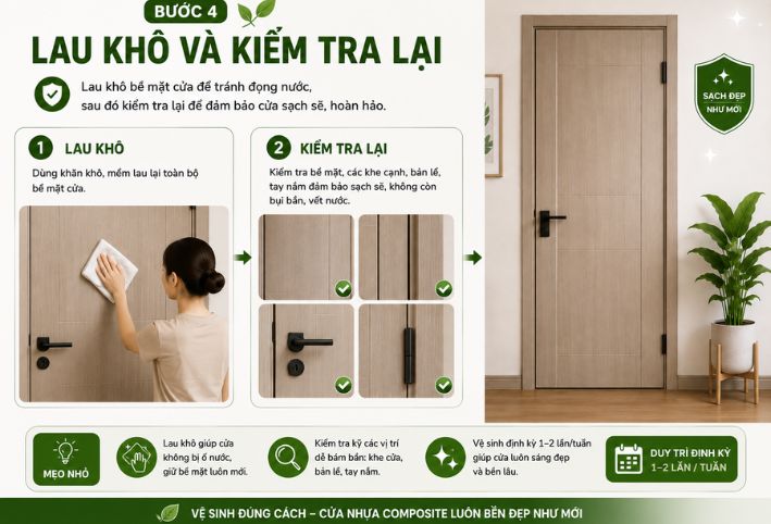 Hướng dẫn cách lau khô và kiểm tra lại bề mặt cửa nhựa gỗ composite sau khi vệ sinh