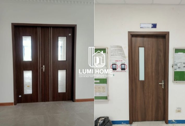 Mẫu cửa nhựa gỗ composite kết hợp pano và ô kính cường lực sang trọng