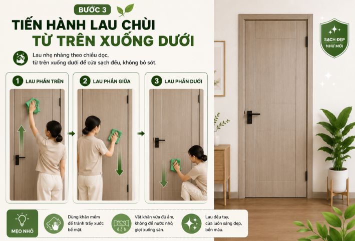 Hướng dẫn cách lau chùi cửa nhựa gỗ composite đúng kỹ thuật từ trên xuống dưới