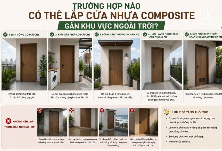 Trường hợp nào có thể lắp cửa nhựa composite gần khu vực ngoài trời?