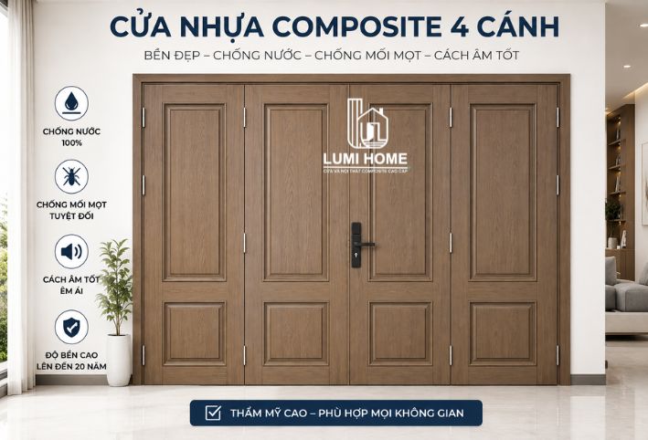 Đặc điểm và ứng dụng của cửa nhựa composite 4 cánh hiện đại Mẫu cửa nhựa composite 4 cánh cao cấp thiết kế sang trọng cho không gian lớn