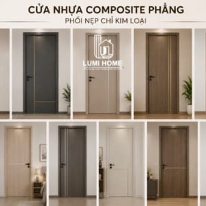 Cửa nhựa gỗ composite phẳng phối nẹp chỉ kim loại sang trọng cho phòng ngủ